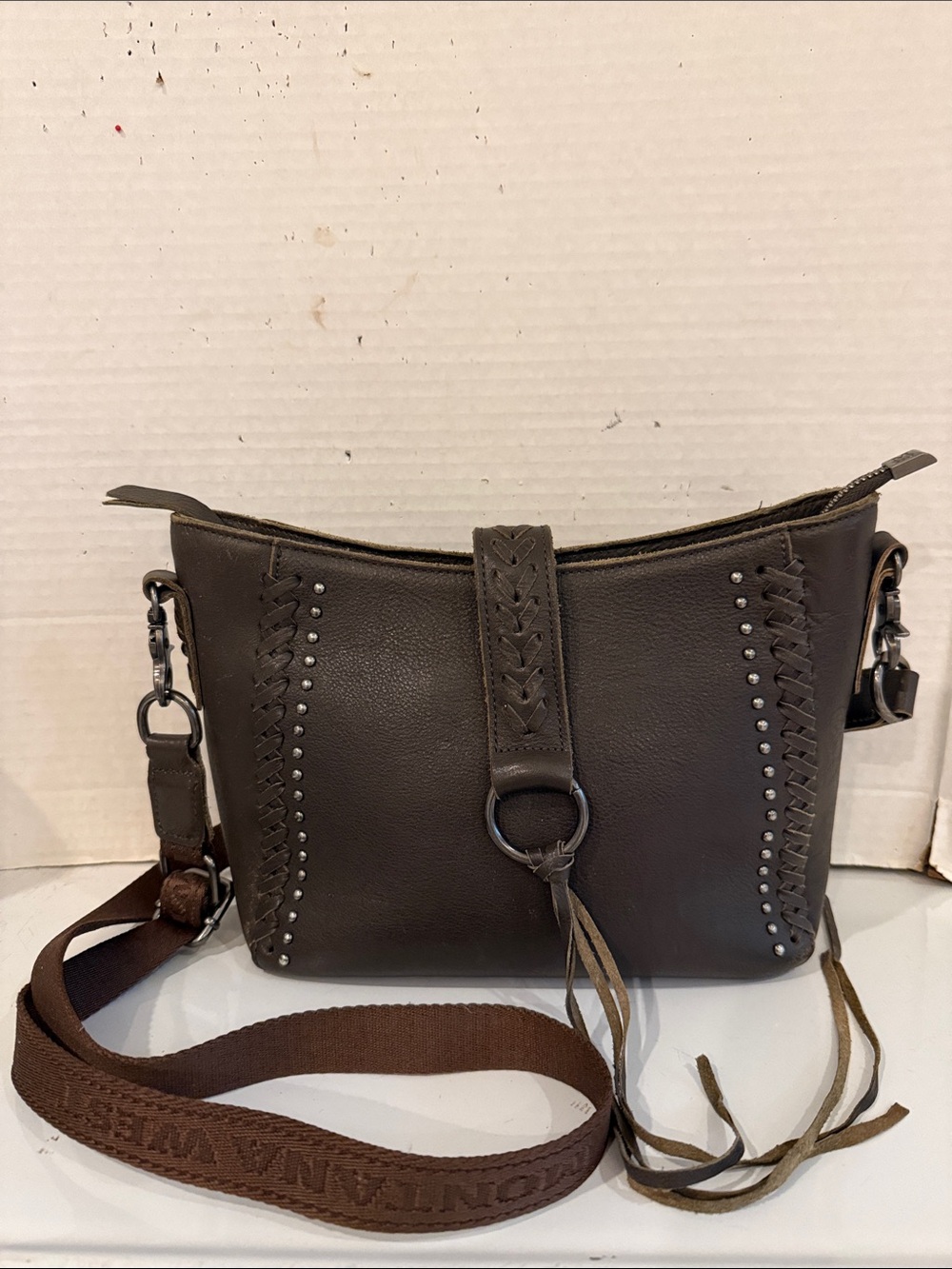 Montana West Dark Brown Studded Leather Crossbody Bag